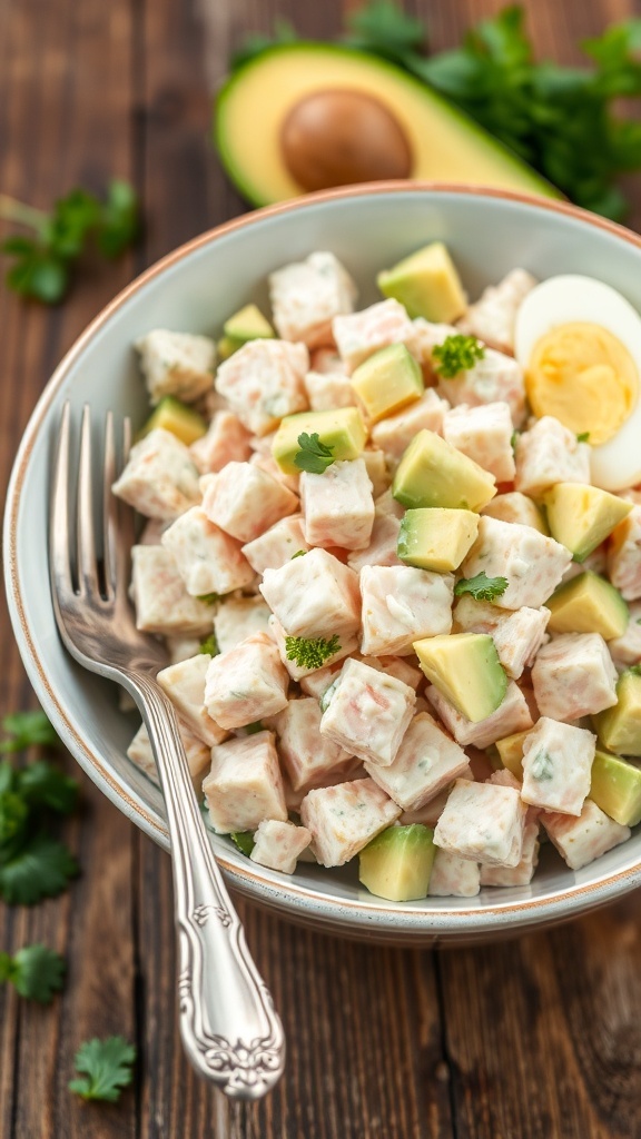 A bowl of creamy tuna salad with avocado and hard-boiled egg on a wooden table.